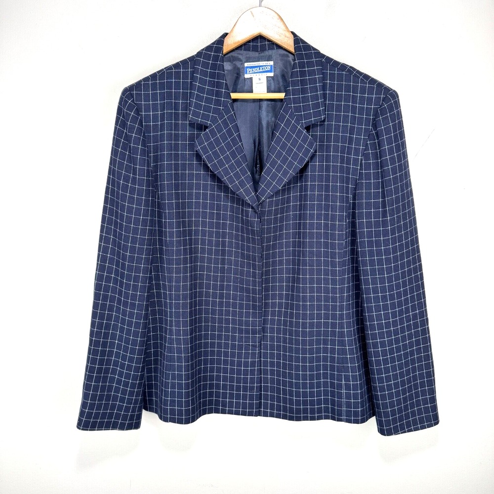 Vintage Pendleton Blazer Jacket Women Size 16 Navy Blue White Check Usa Rayon